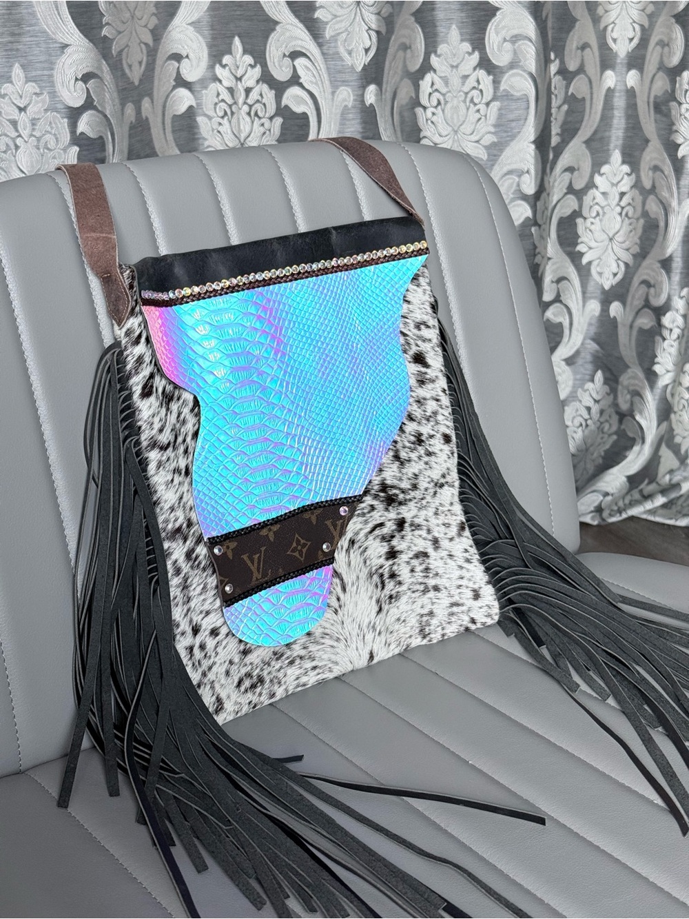 Upcycled Cowhide Iridescent Fringe Bag w/ Louis Vuitton Detail Mermaid Tail